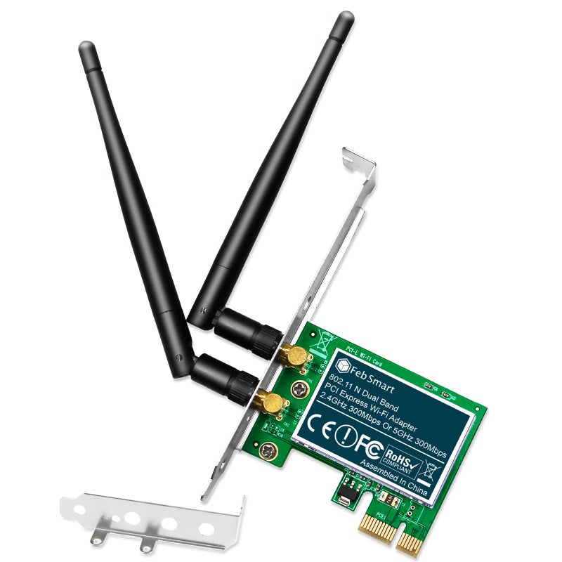 FebSmart Wireless N Dual Band 600Mbps (2.4GHz 300Mbps or 5GHz 300Mbps) PCIE WiFi Adapter for Windows 11, 10, 8.x, 7, XP (32/64bit) and Windows Server Desktop PCs, 2X2 MIMO PCIE WiFi Card (FS-N600) - Image 1
